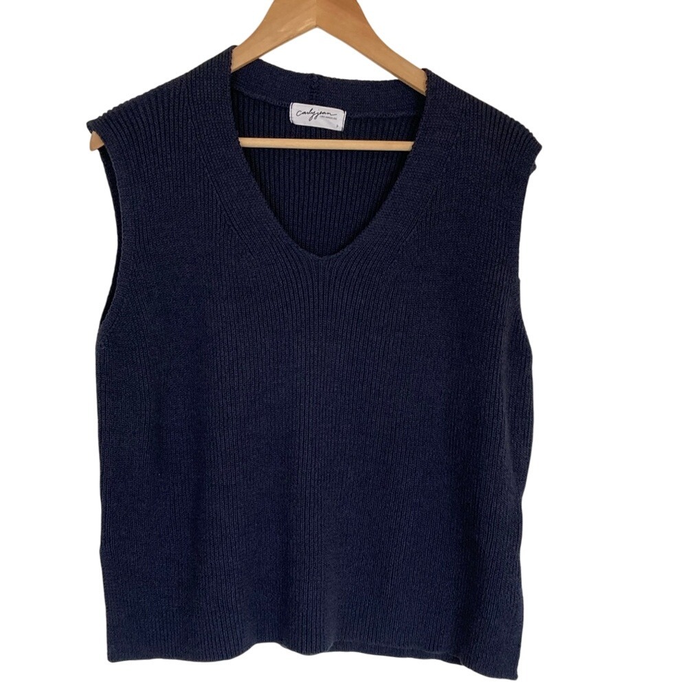 Carly Jean Womens Navy Sleeveless V Neck Knit Sweater Size Small Nautical Preppy